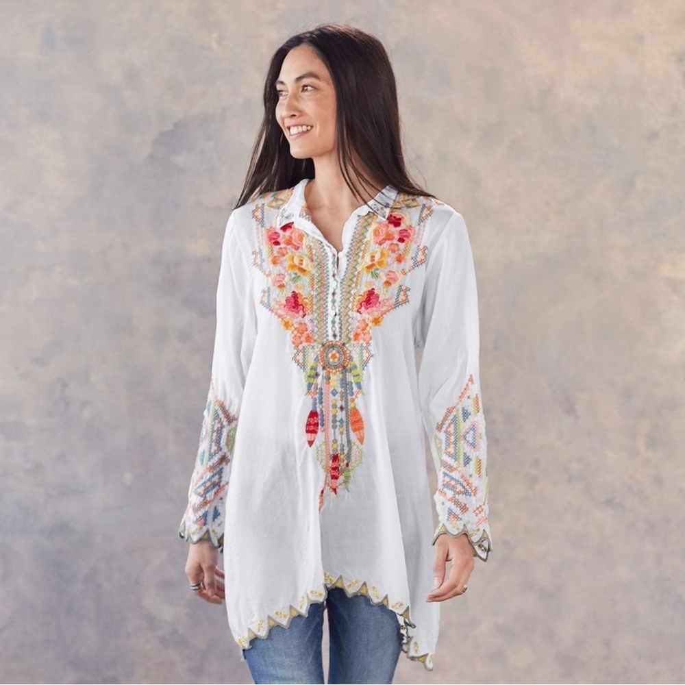 Johnny Was Festival Long-Sleeve Embroidered Georgette Tunic XL